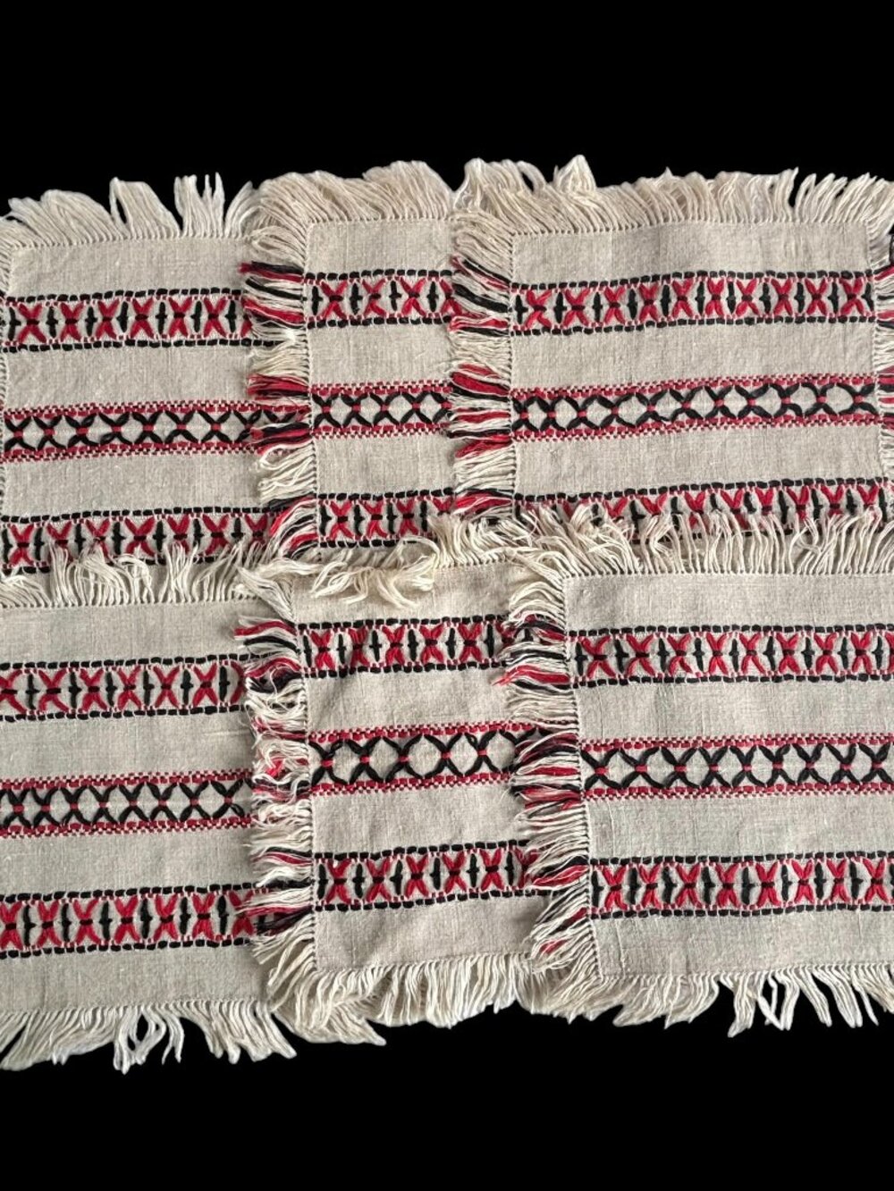 Set of 6 Polish Woven Linen Embroidered Fringed Doilies Table Runners Poland